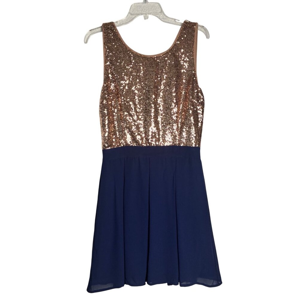 Rosette Rose Gold Sequin & Navy Chiffon Sleeveless Skater Dress Women's Large - Picture 3 of 15